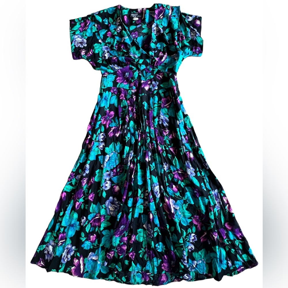 VTG Dawn Joy Fashions Floral Maxi Dress Size M/L Buttoned Bodice 80s 90s Smocked